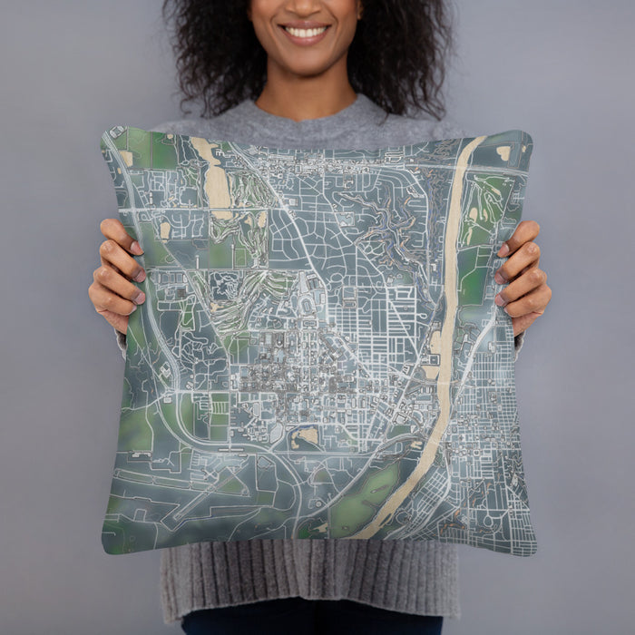 Person holding 18x18 Custom West Lafayette Indiana Map Throw Pillow in Afternoon