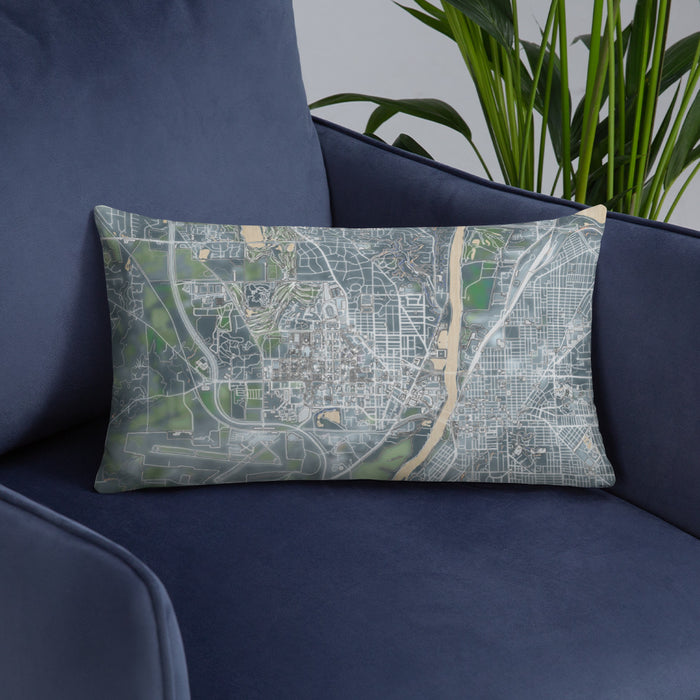 Custom West Lafayette Indiana Map Throw Pillow in Afternoon on Blue Colored Chair