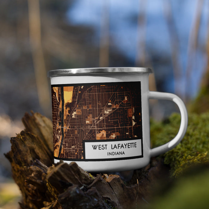 Right View Custom West Lafayette Indiana Map Enamel Mug in Ember on Grass With Trees in Background