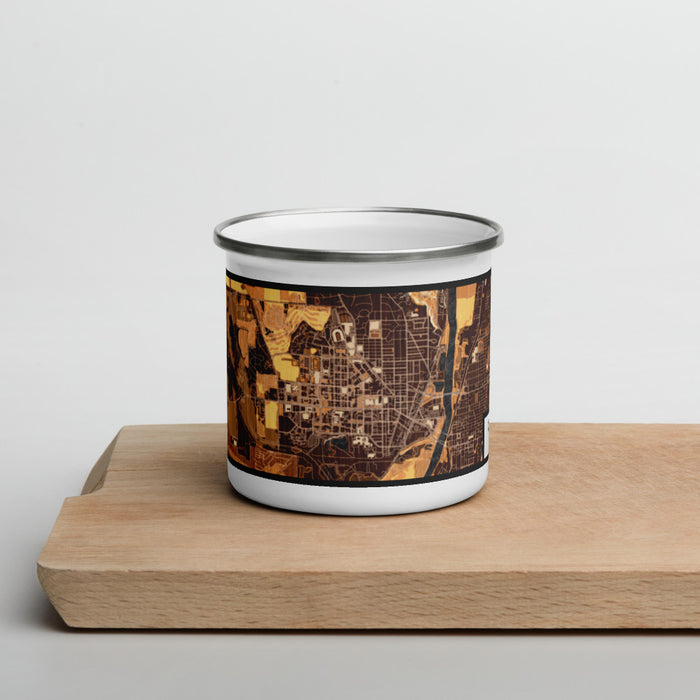 Front View Custom West Lafayette Indiana Map Enamel Mug in Ember on Cutting Board