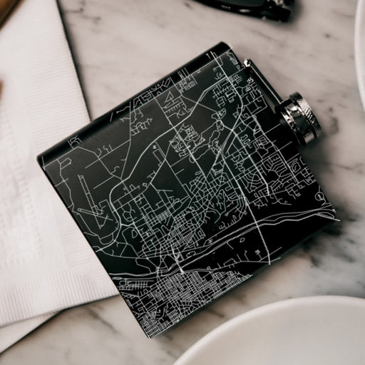 West Lafayette Indiana Custom Engraved City Map Inscription Coordinates on 6oz Stainless Steel Flask in Black