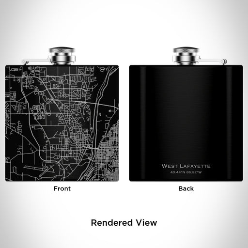 Rendered View of West Lafayette Indiana Map Engraving on 6oz Stainless Steel Flask in Black