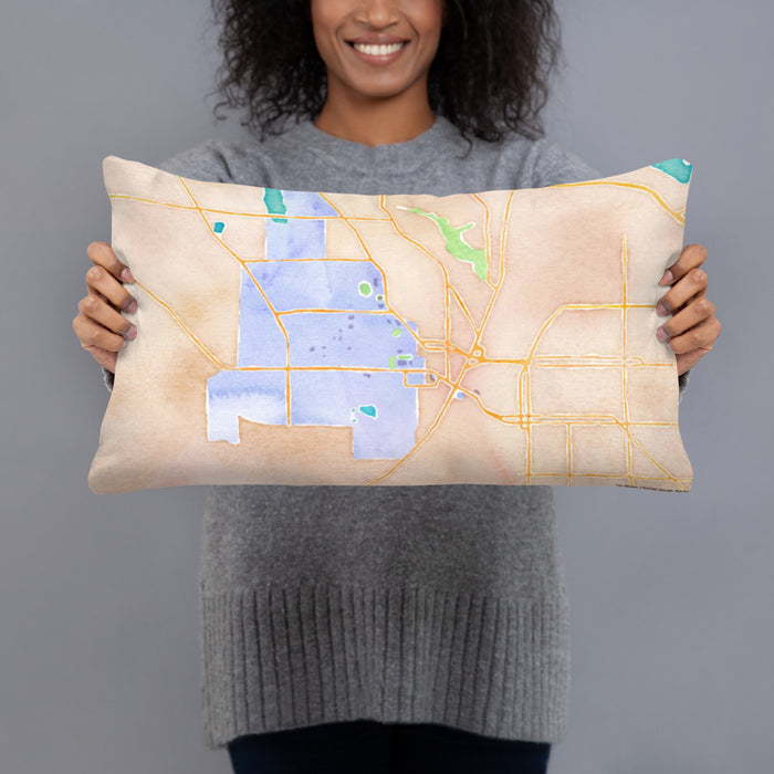 Person holding 20x12 Custom West Lafayette Indiana Map Throw Pillow in Watercolor