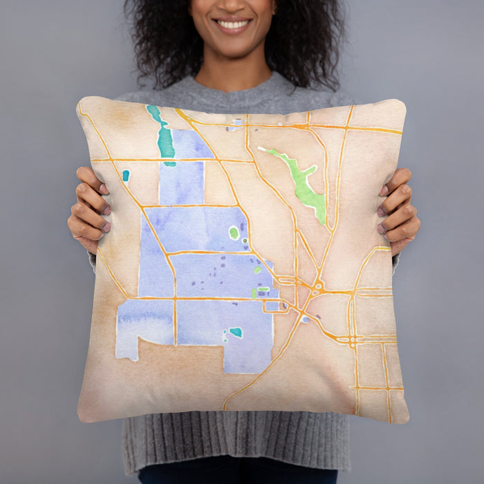Person holding 18x18 Custom West Lafayette Indiana Map Throw Pillow in Watercolor