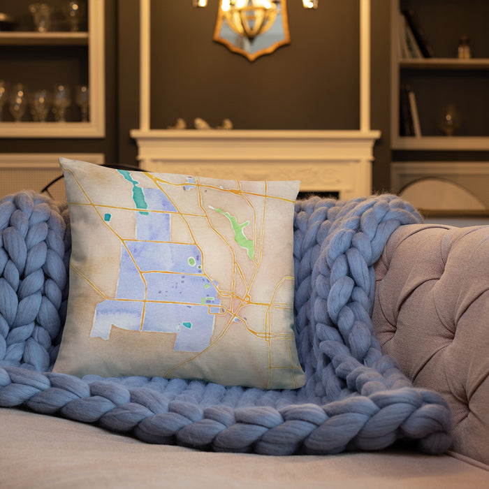 Custom West Lafayette Indiana Map Throw Pillow in Watercolor on Cream Colored Couch