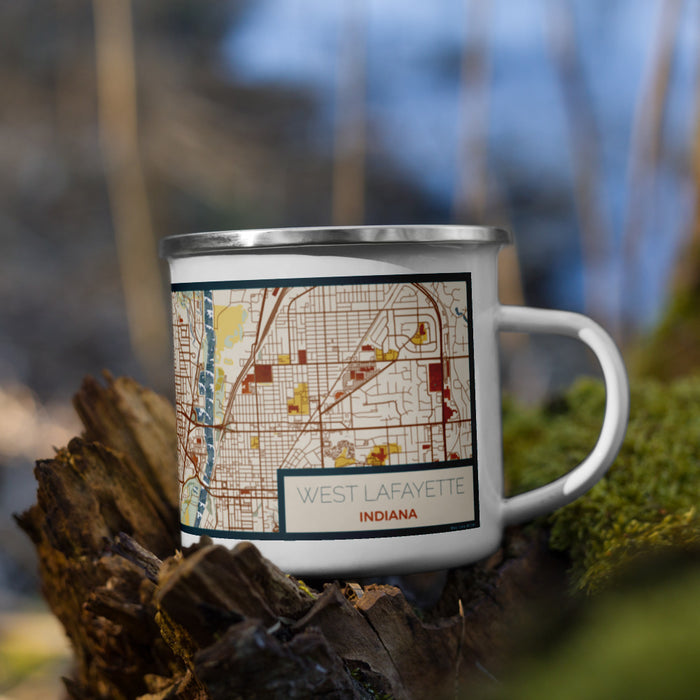 Right View Custom West Lafayette Indiana Map Enamel Mug in Woodblock on Grass With Trees in Background