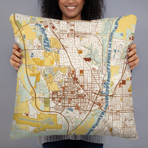 Person holding 22x22 Custom West Lafayette Indiana Map Throw Pillow in Woodblock