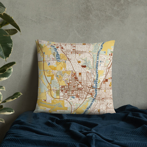 Custom West Lafayette Indiana Map Throw Pillow in Woodblock on Bedding Against Wall