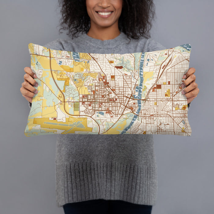 Person holding 20x12 Custom West Lafayette Indiana Map Throw Pillow in Woodblock