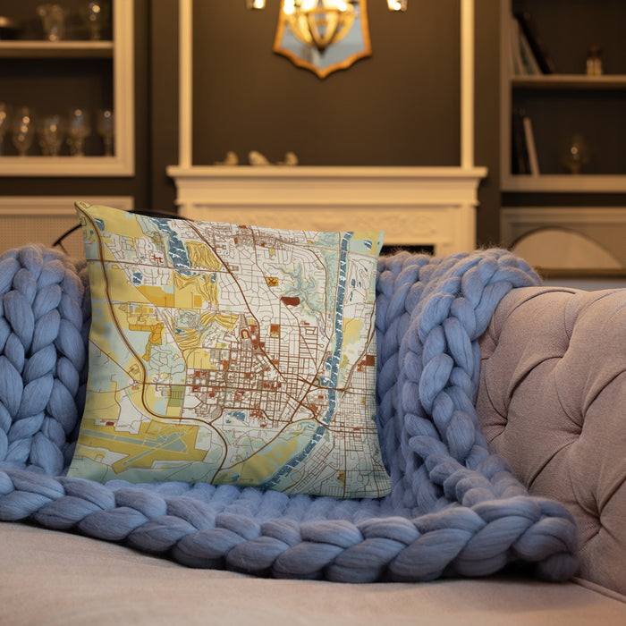 Custom West Lafayette Indiana Map Throw Pillow in Woodblock on Cream Colored Couch