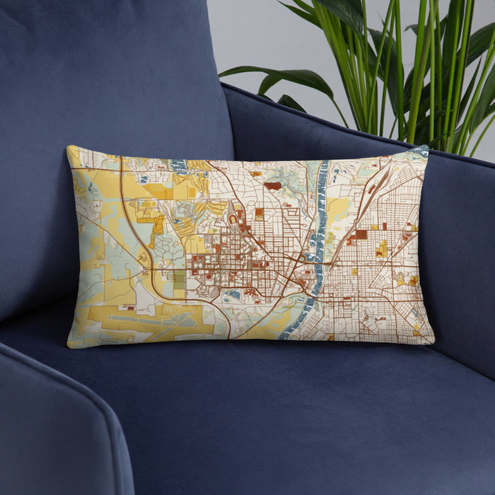 Custom West Lafayette Indiana Map Throw Pillow in Woodblock on Blue Colored Chair