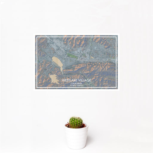12x18 Westlake Village California Map Print Landscape Orientation in Afternoon Style With Small Cactus Plant in White Planter