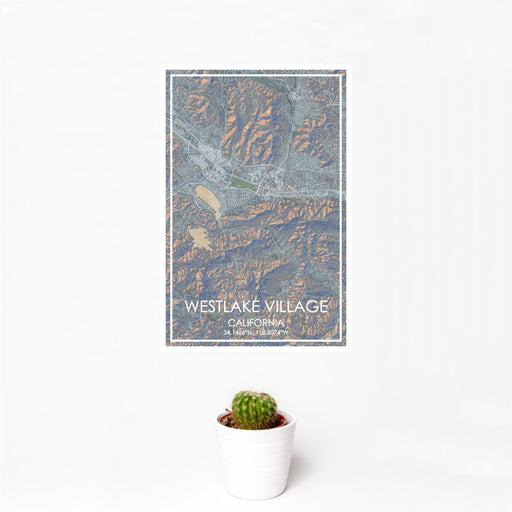12x18 Westlake Village California Map Print Portrait Orientation in Afternoon Style With Small Cactus Plant in White Planter