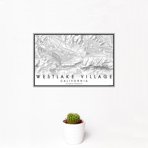 12x18 Westlake Village California Map Print Landscape Orientation in Classic Style With Small Cactus Plant in White Planter
