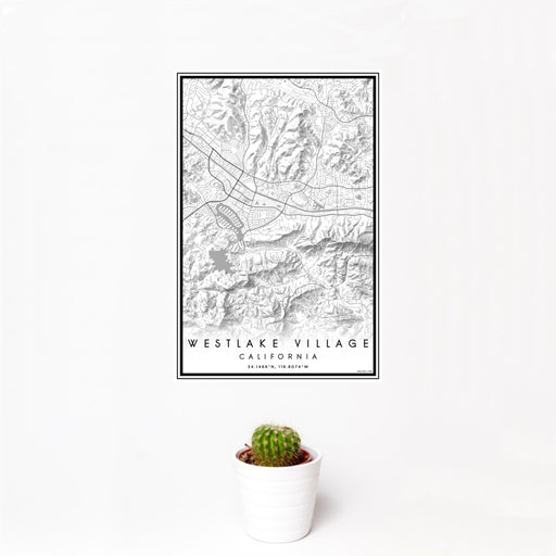 12x18 Westlake Village California Map Print Portrait Orientation in Classic Style With Small Cactus Plant in White Planter