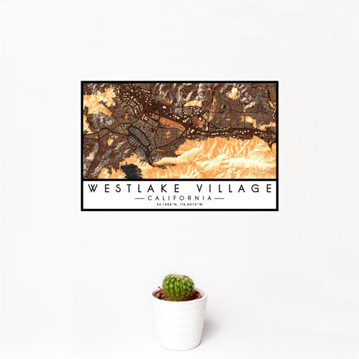 12x18 Westlake Village California Map Print Landscape Orientation in Ember Style With Small Cactus Plant in White Planter