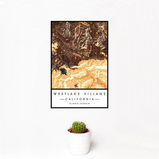 12x18 Westlake Village California Map Print Portrait Orientation in Ember Style With Small Cactus Plant in White Planter