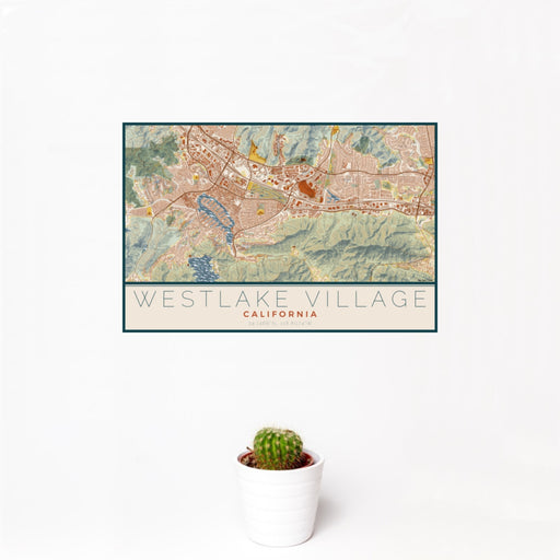 12x18 Westlake Village California Map Print Landscape Orientation in Woodblock Style With Small Cactus Plant in White Planter