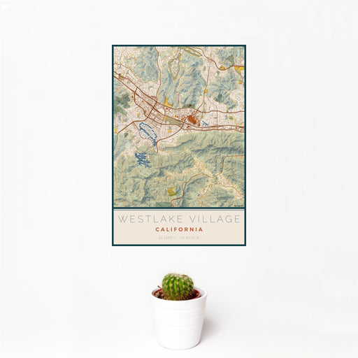 12x18 Westlake Village California Map Print Portrait Orientation in Woodblock Style With Small Cactus Plant in White Planter