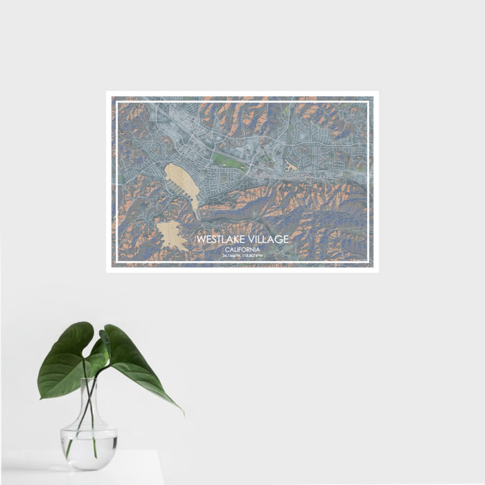 16x24 Westlake Village California Map Print Landscape Orientation in Afternoon Style With Tropical Plant Leaves in Water