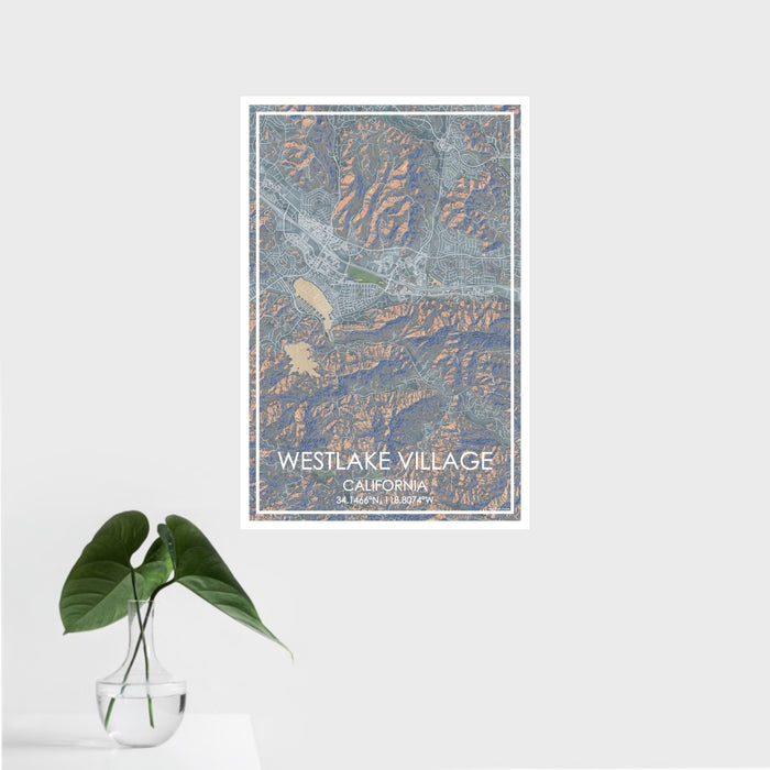 16x24 Westlake Village California Map Print Portrait Orientation in Afternoon Style With Tropical Plant Leaves in Water