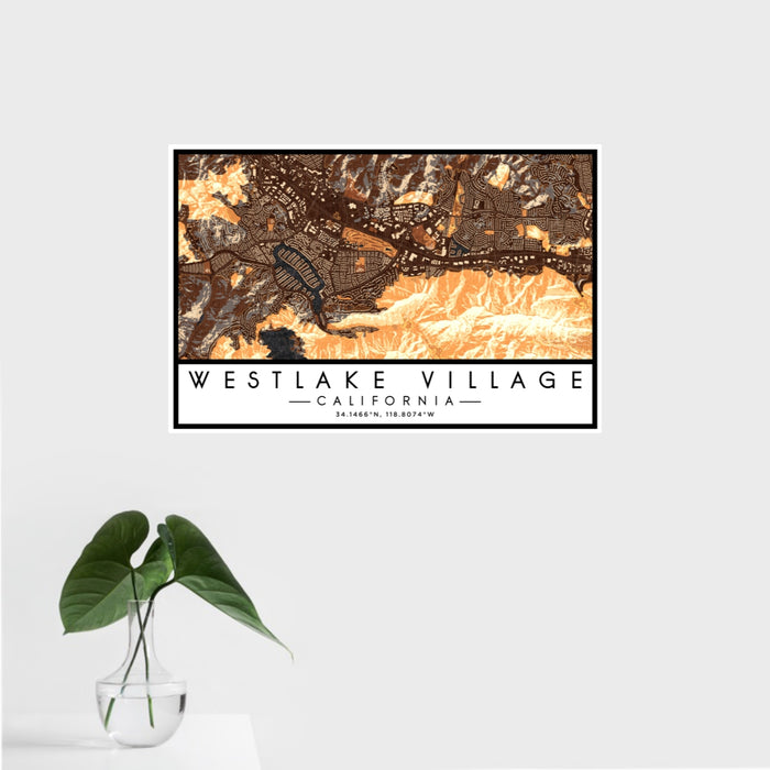 16x24 Westlake Village California Map Print Landscape Orientation in Ember Style With Tropical Plant Leaves in Water
