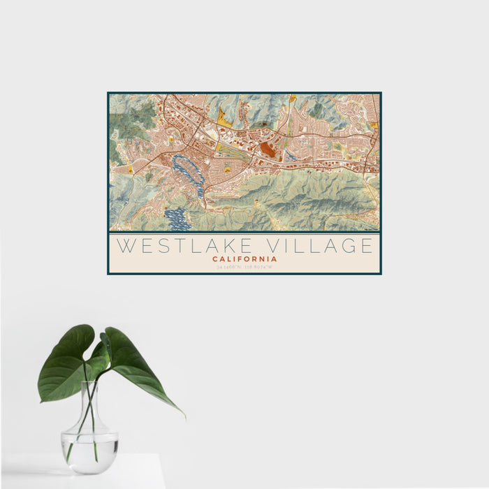 16x24 Westlake Village California Map Print Landscape Orientation in Woodblock Style With Tropical Plant Leaves in Water