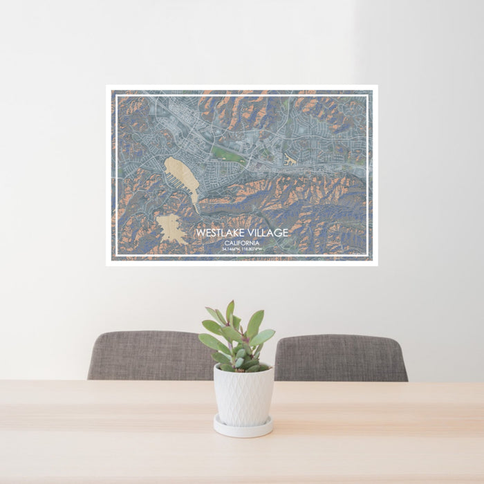 24x36 Westlake Village California Map Print Lanscape Orientation in Afternoon Style Behind 2 Chairs Table and Potted Plant
