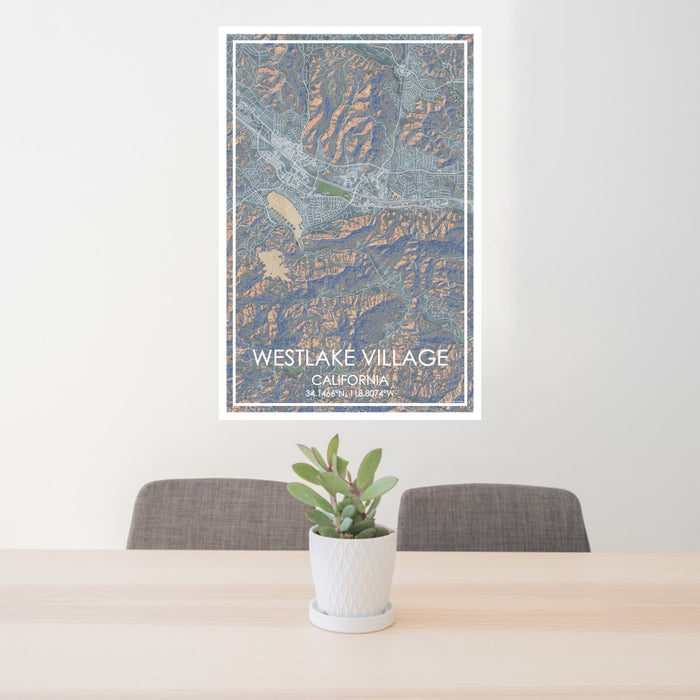 24x36 Westlake Village California Map Print Portrait Orientation in Afternoon Style Behind 2 Chairs Table and Potted Plant