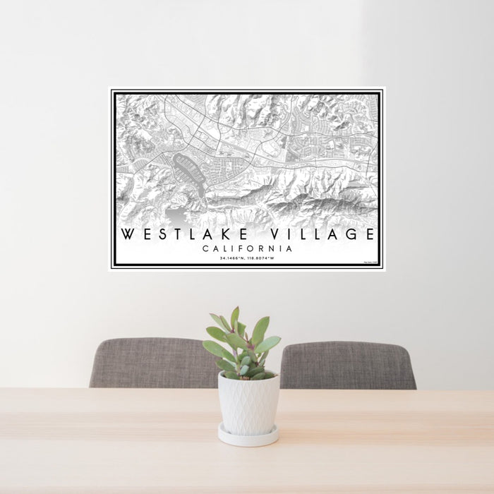 24x36 Westlake Village California Map Print Lanscape Orientation in Classic Style Behind 2 Chairs Table and Potted Plant