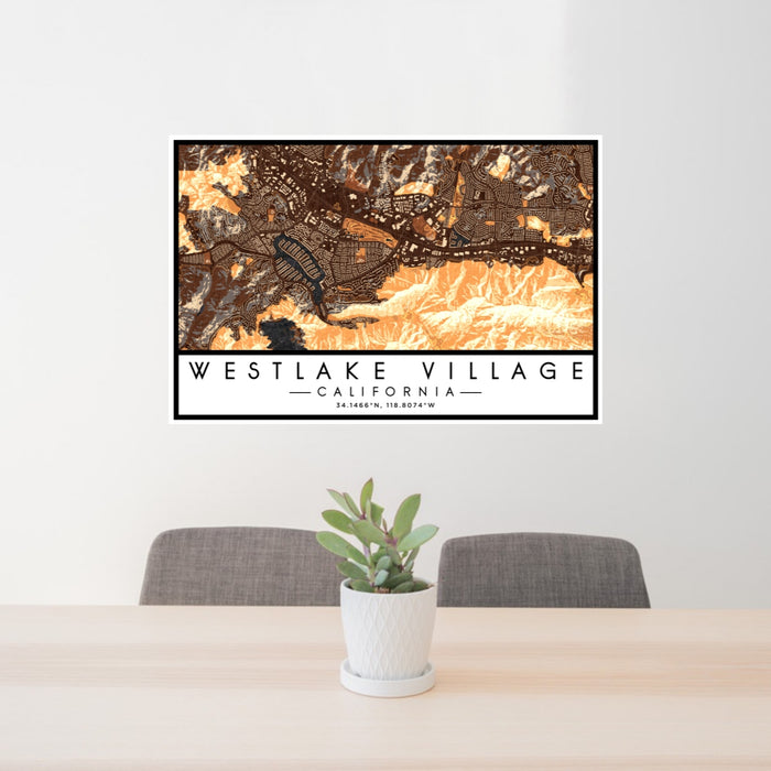 24x36 Westlake Village California Map Print Lanscape Orientation in Ember Style Behind 2 Chairs Table and Potted Plant