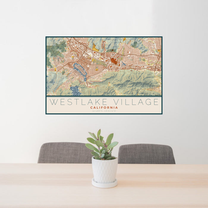 24x36 Westlake Village California Map Print Lanscape Orientation in Woodblock Style Behind 2 Chairs Table and Potted Plant