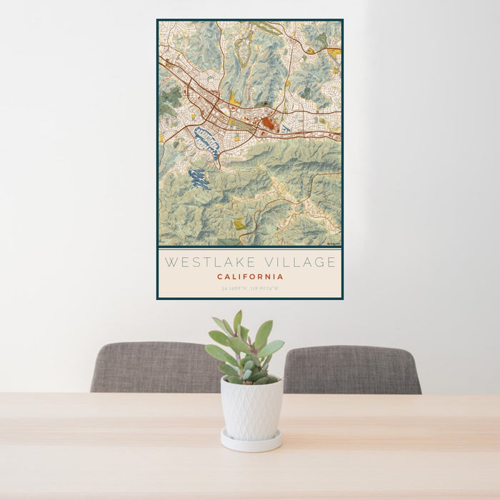 24x36 Westlake Village California Map Print Portrait Orientation in Woodblock Style Behind 2 Chairs Table and Potted Plant