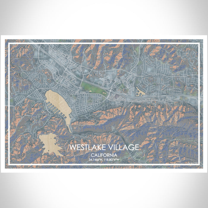 Westlake Village California Map Print Landscape Orientation in Afternoon Style With Shaded Background