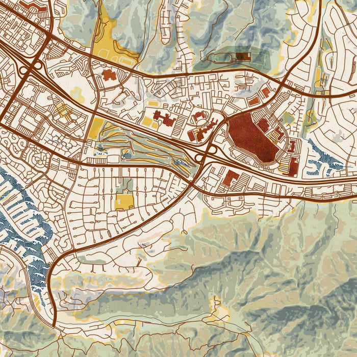 Westlake Village California Map Print in Woodblock Style Zoomed In Close Up Showing Details