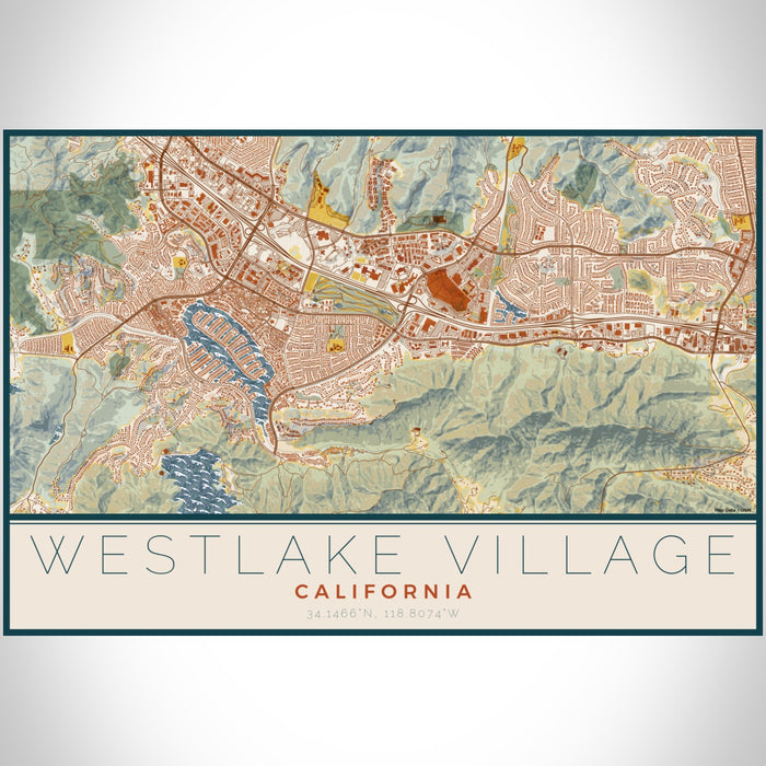 Westlake Village California Map Print Landscape Orientation in Woodblock Style With Shaded Background