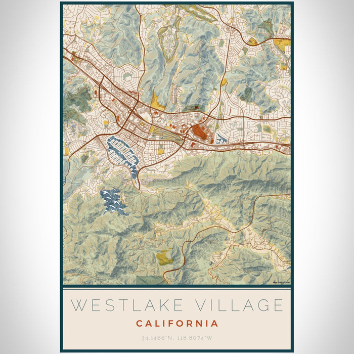 Westlake Village California Map Print Portrait Orientation in Woodblock Style With Shaded Background