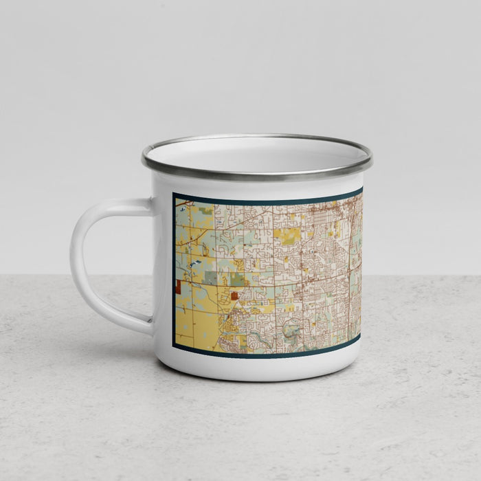 Left View Custom Westland Michigan Map Enamel Mug in Woodblock