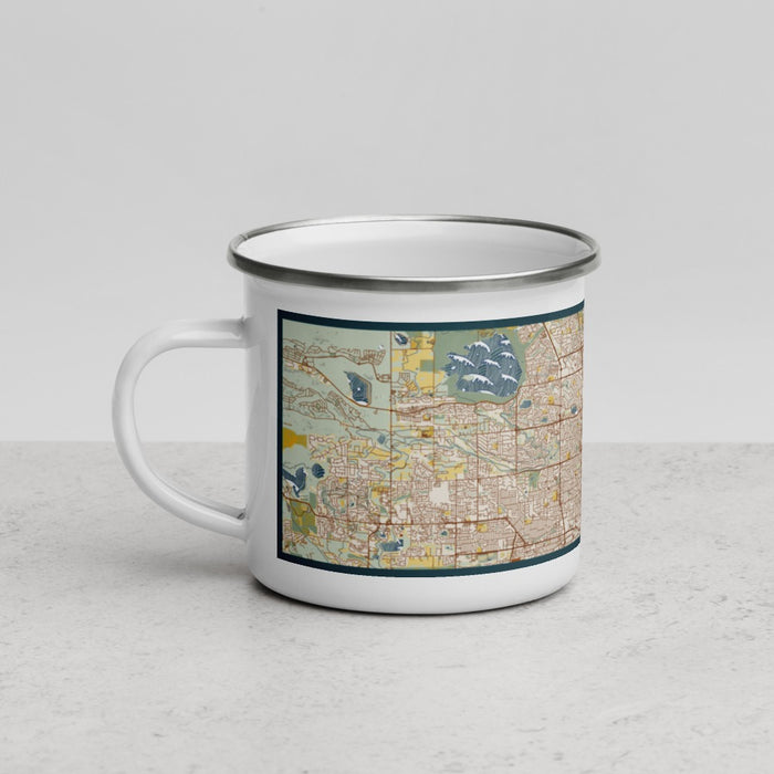 Left View Custom Westminster Colorado Map Enamel Mug in Woodblock