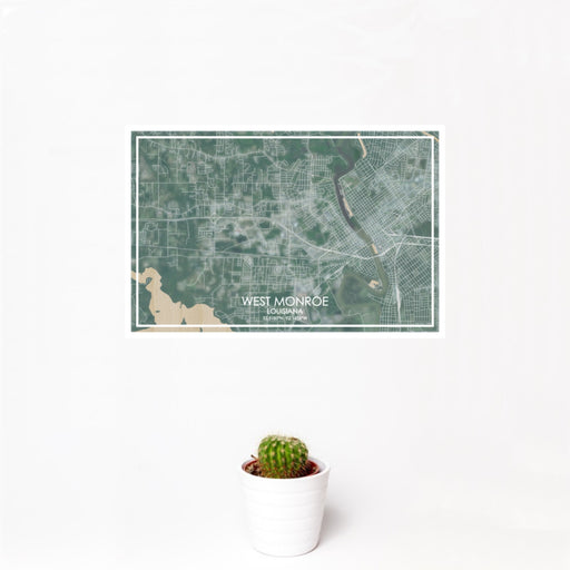12x18 West Monroe Louisiana Map Print Landscape Orientation in Afternoon Style With Small Cactus Plant in White Planter