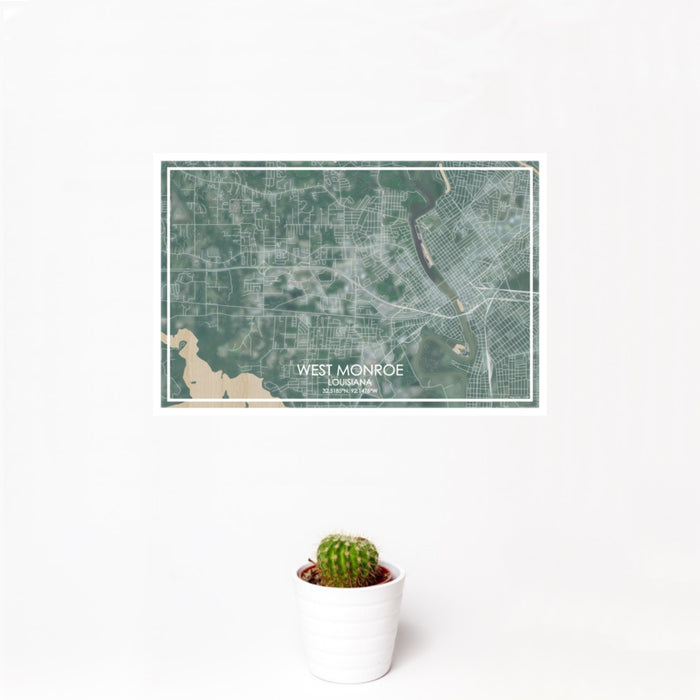 12x18 West Monroe Louisiana Map Print Landscape Orientation in Afternoon Style With Small Cactus Plant in White Planter
