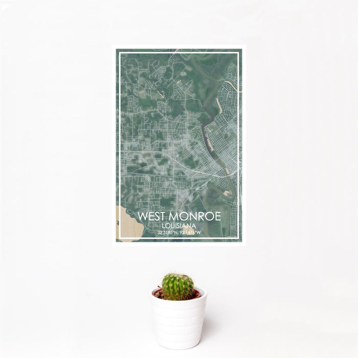 12x18 West Monroe Louisiana Map Print Portrait Orientation in Afternoon Style With Small Cactus Plant in White Planter