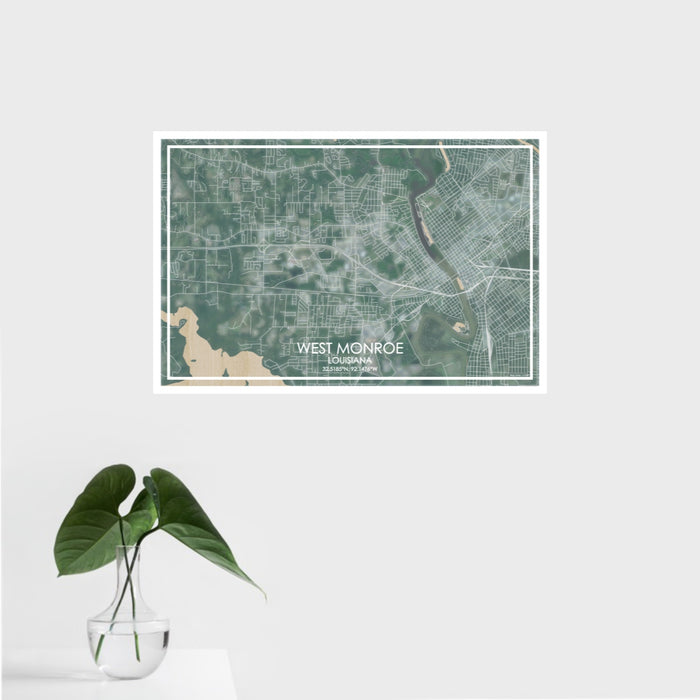 16x24 West Monroe Louisiana Map Print Landscape Orientation in Afternoon Style With Tropical Plant Leaves in Water