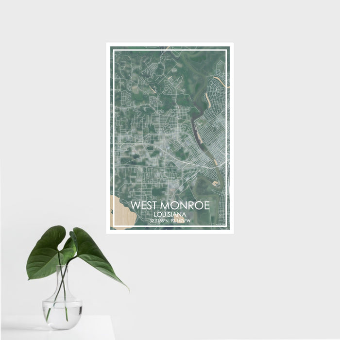 16x24 West Monroe Louisiana Map Print Portrait Orientation in Afternoon Style With Tropical Plant Leaves in Water