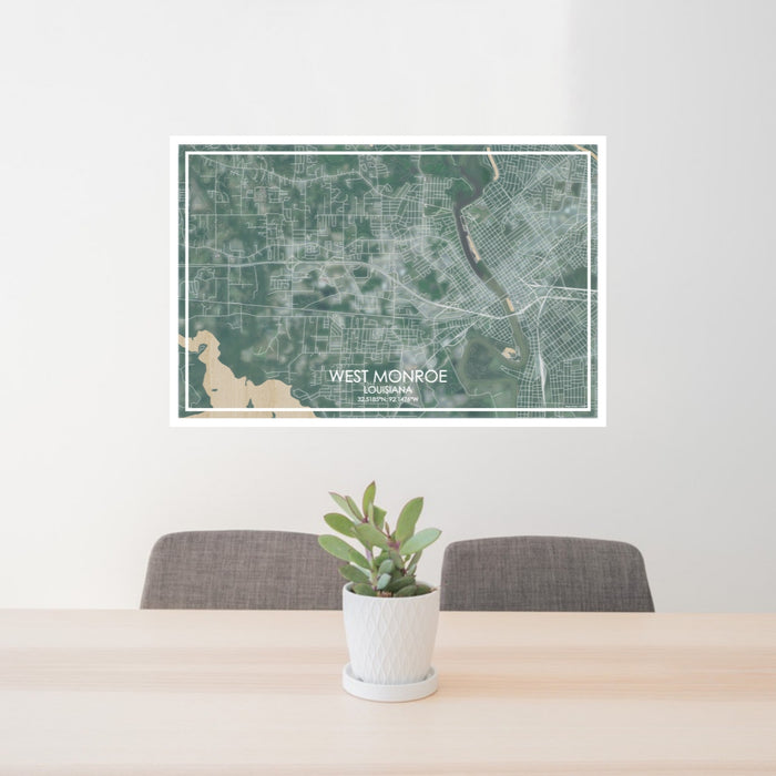 24x36 West Monroe Louisiana Map Print Lanscape Orientation in Afternoon Style Behind 2 Chairs Table and Potted Plant