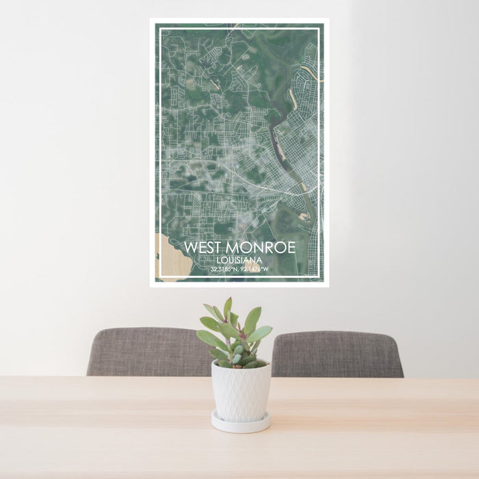 24x36 West Monroe Louisiana Map Print Portrait Orientation in Afternoon Style Behind 2 Chairs Table and Potted Plant