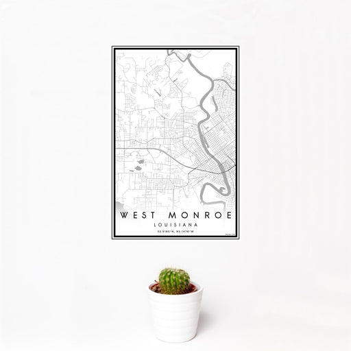 12x18 West Monroe Louisiana Map Print Portrait Orientation in Classic Style With Small Cactus Plant in White Planter