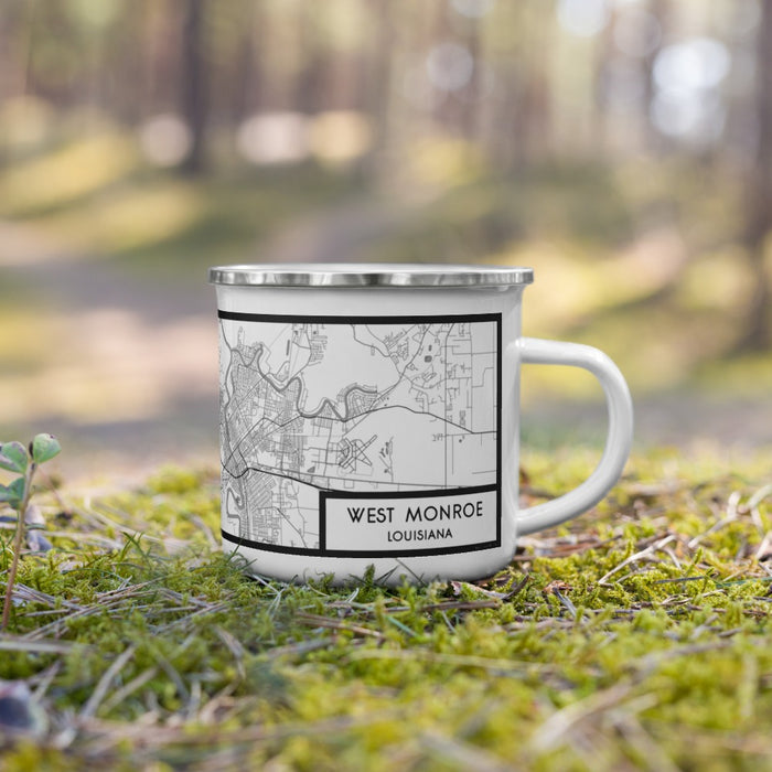 Right View Custom West Monroe Louisiana Map Enamel Mug in Classic on Grass With Trees in Background