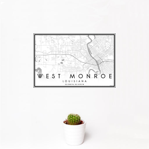 12x18 West Monroe Louisiana Map Print Landscape Orientation in Classic Style With Small Cactus Plant in White Planter