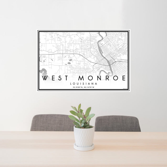 24x36 West Monroe Louisiana Map Print Landscape Orientation in Classic Style Behind 2 Chairs Table and Potted Plant